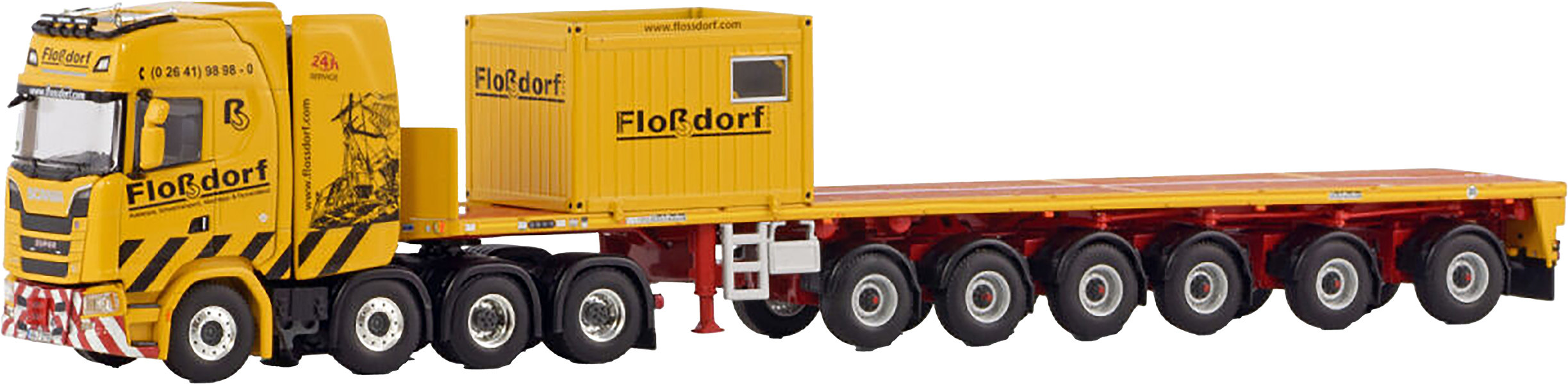 WSI01-4400 1/50 SCANIA S High 8x4 avec remorque plateau 6 essieux et container 10 pieds – Image 1