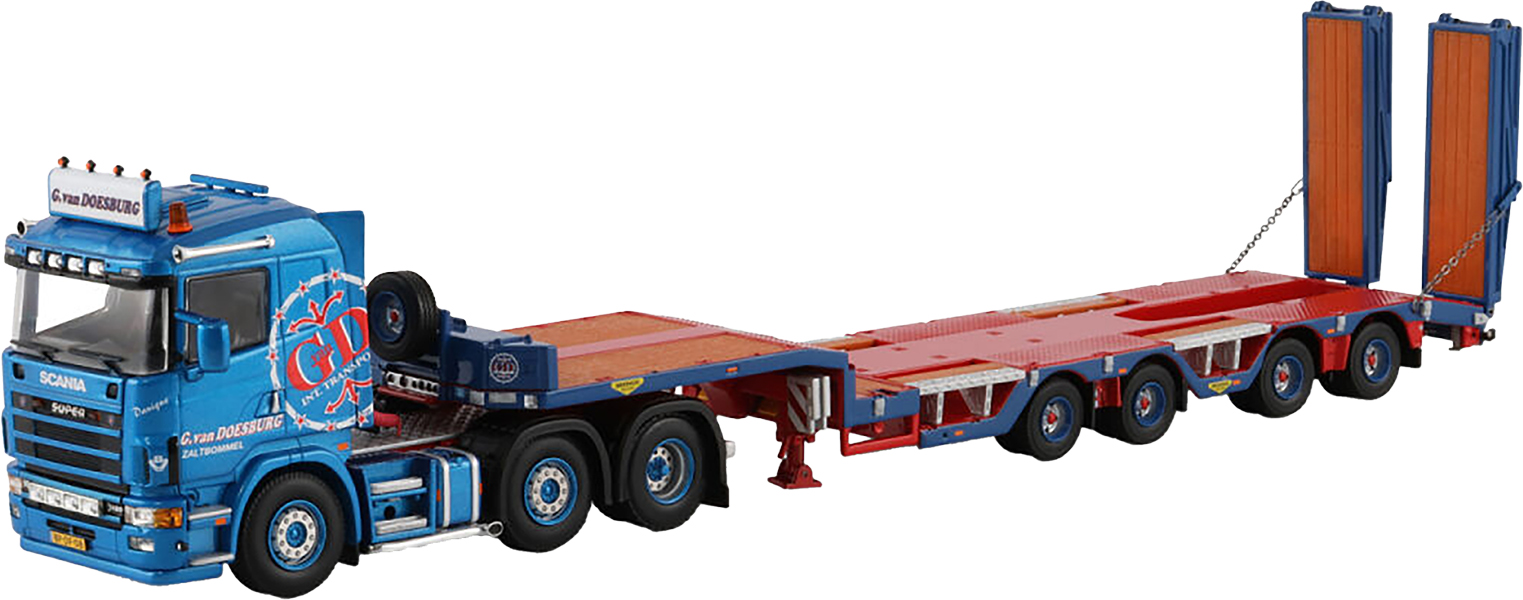 WSI01-4751 SCANIA Serie 4 Flat Roof 6x2 avec remorque porte-engins à rampes 4 essieux – Image 1