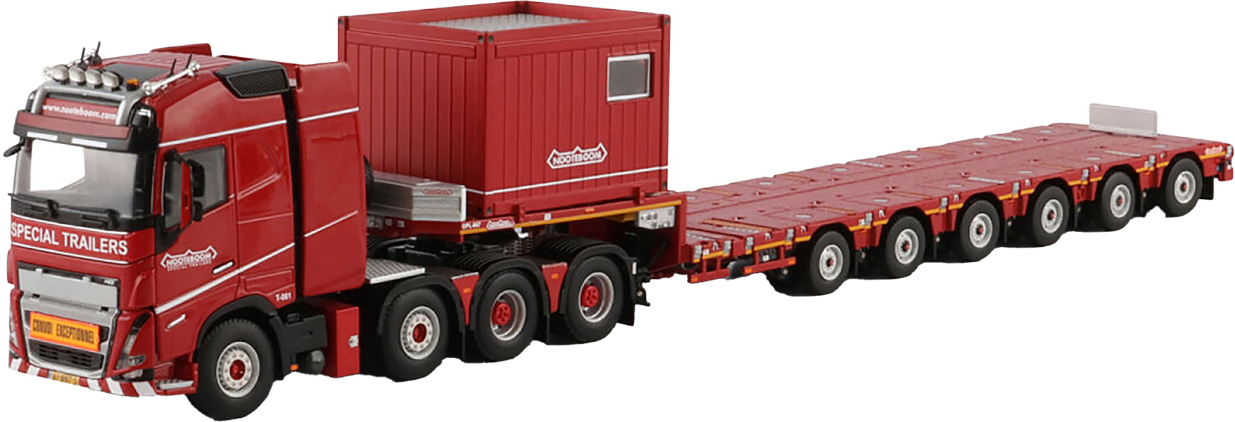 WSI6073368 VOLVO FH5 Globetrotter XL 8x4 avec container 10 pieds et remorque porte-engins 6 essieux – Image 1