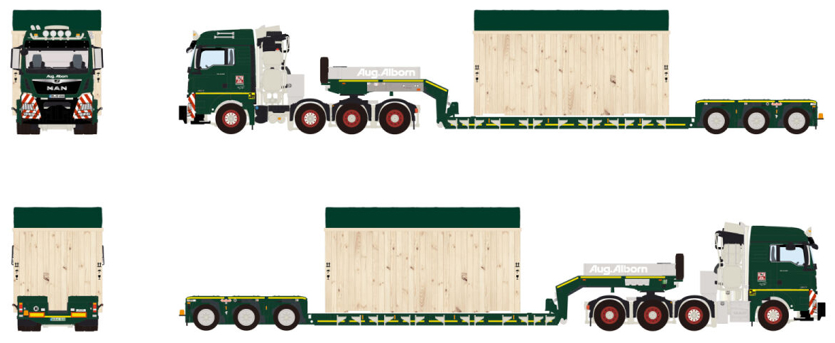 WSI01-5250-RESA MAN TGX XLX 8x4 avec remorque porte-engins 3 essieux et caisse en bois – Image 1